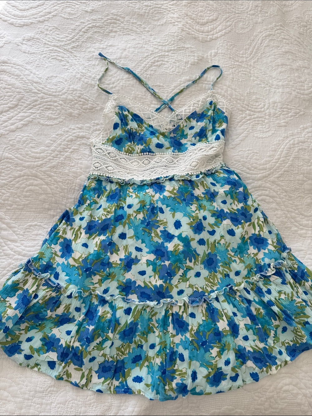 Girls Blue Floral Lace-Trim Sundress